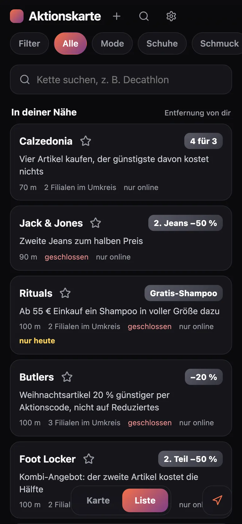 Liste der Aktionen nach Entfernung