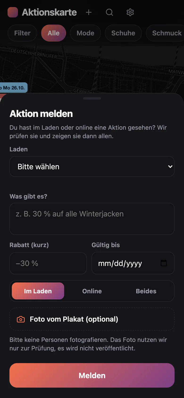 Formular „Aktion melden“