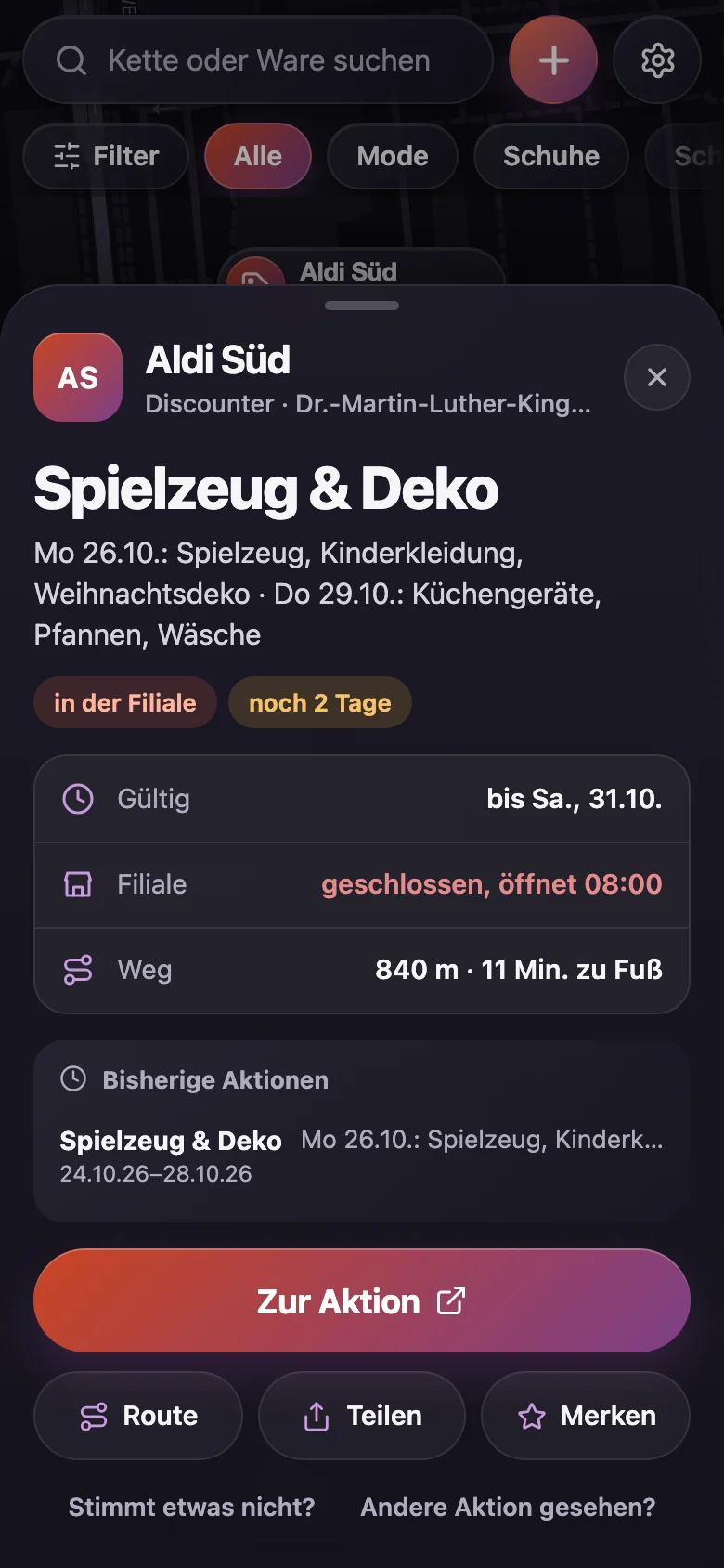 Blatt mit Details zu einer Aktion