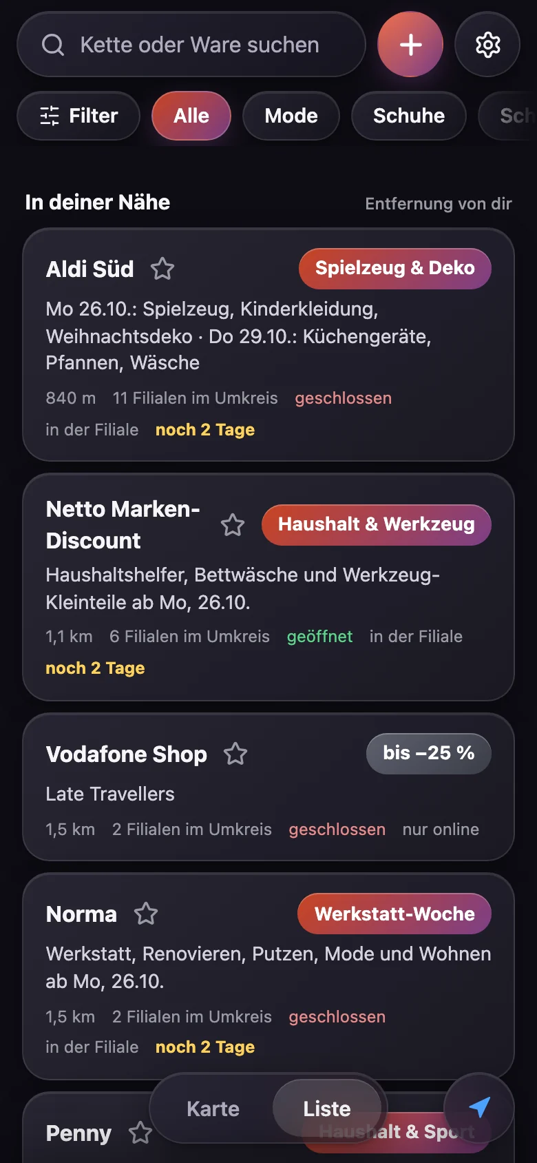 Liste der Aktionen nach Entfernung