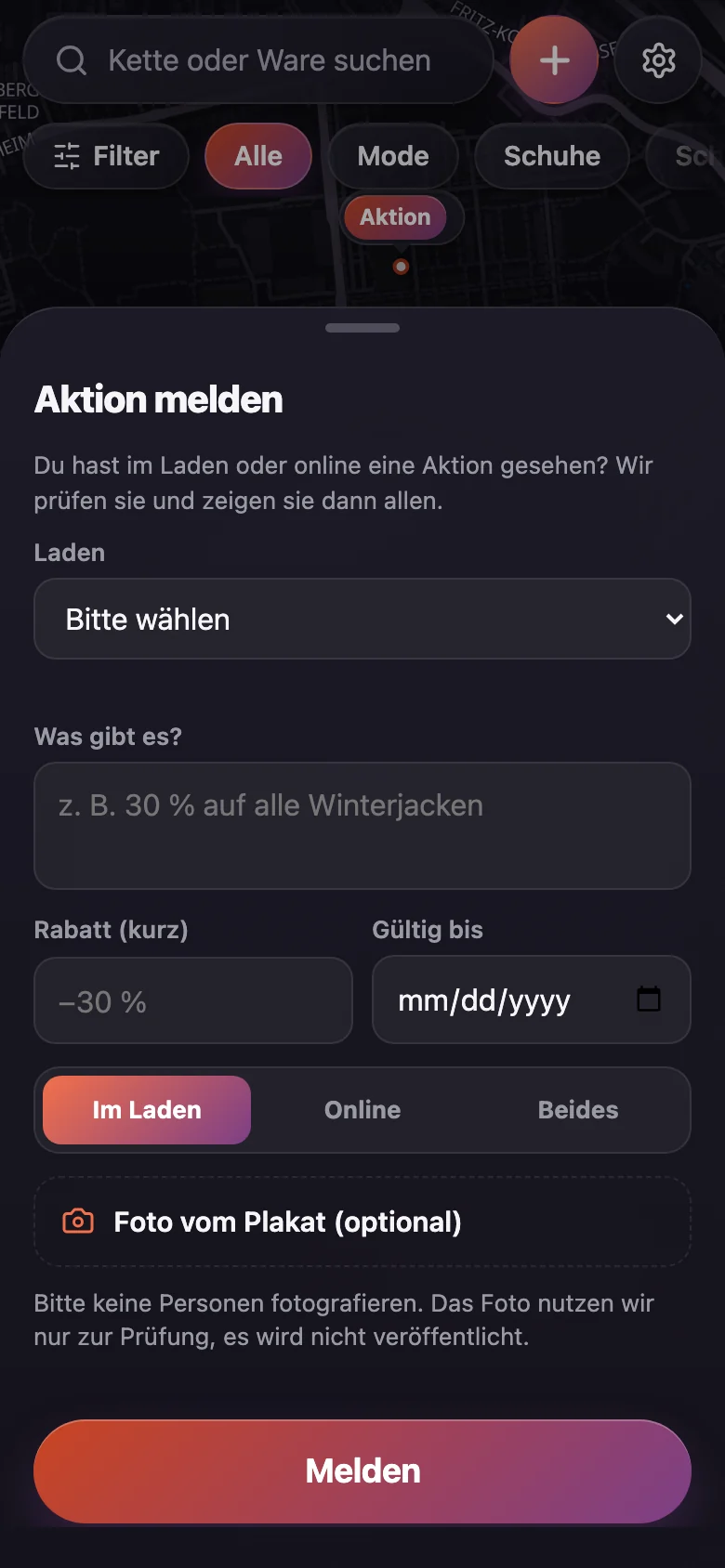 Formular „Aktion melden“